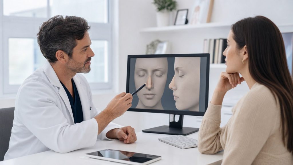 Plastic surgeon consulting a patient before rhinoplasty surgery